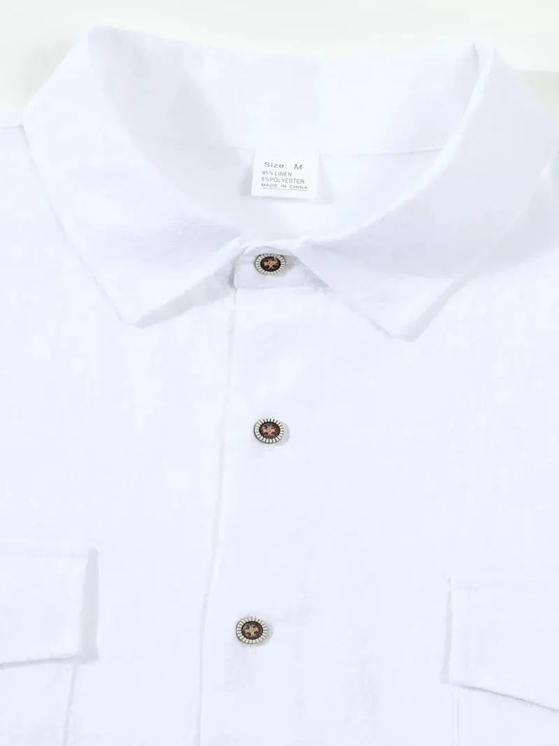 Men's white long-sleeve linen shirt with double chest pockets and button-up front, Simples Market