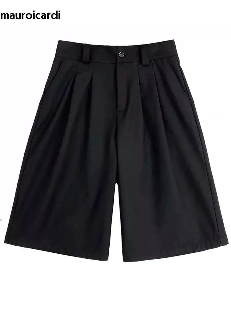 Mauroicardi men's black high-waisted pleated shorts, loose-fit knee-length.