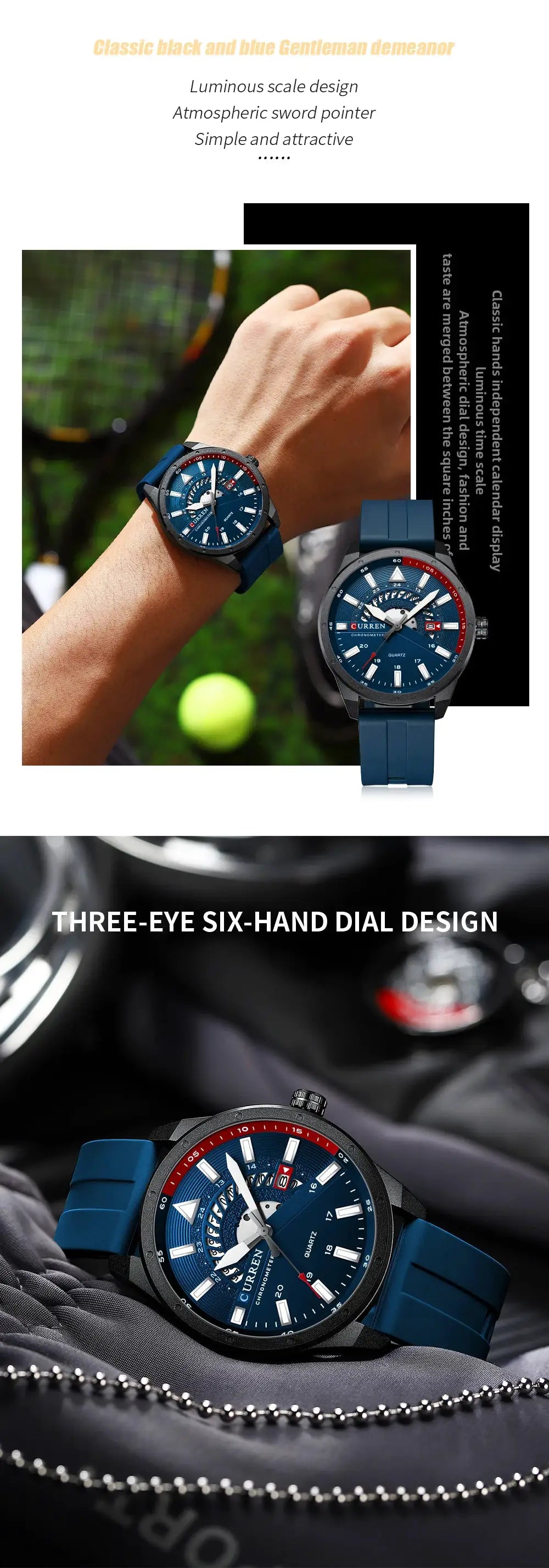 Curren men's blue silicone sport watch with date, waterproof; two Curren watches shown.