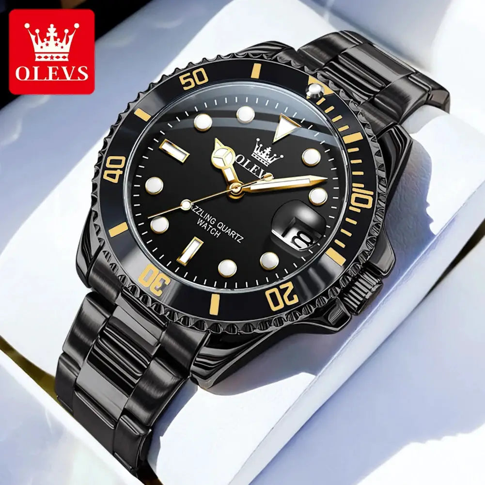 OLEVS men's stainless steel wristwatch with black dial and gold-tone markers