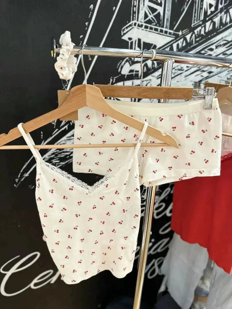 Strawberry Print Vest And Shorts Set For Women Eyelet Bow Tank Top