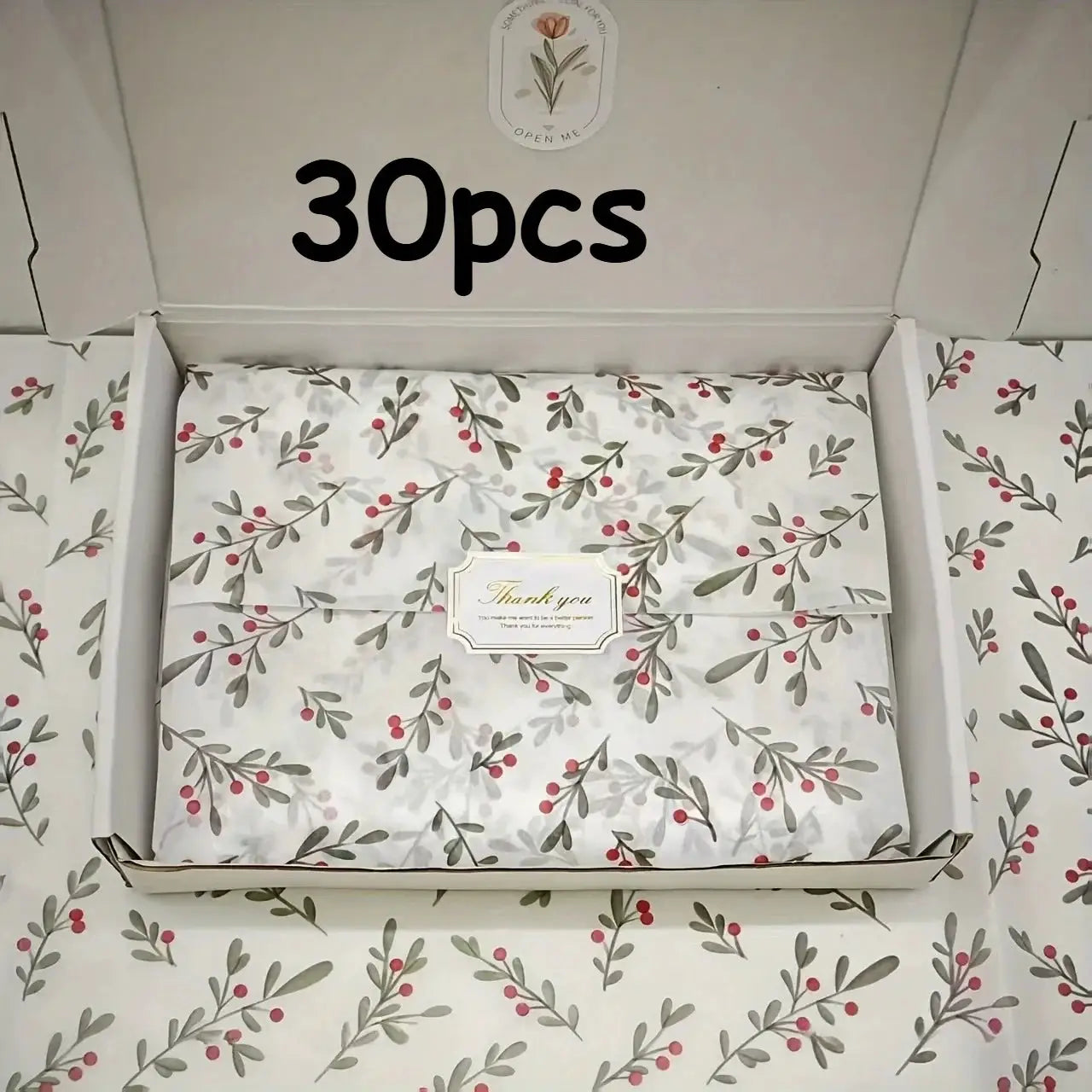 Gift wrapping paper set by Simples Market; 30pcs wax-coated sheets with holly berry pattern on white background