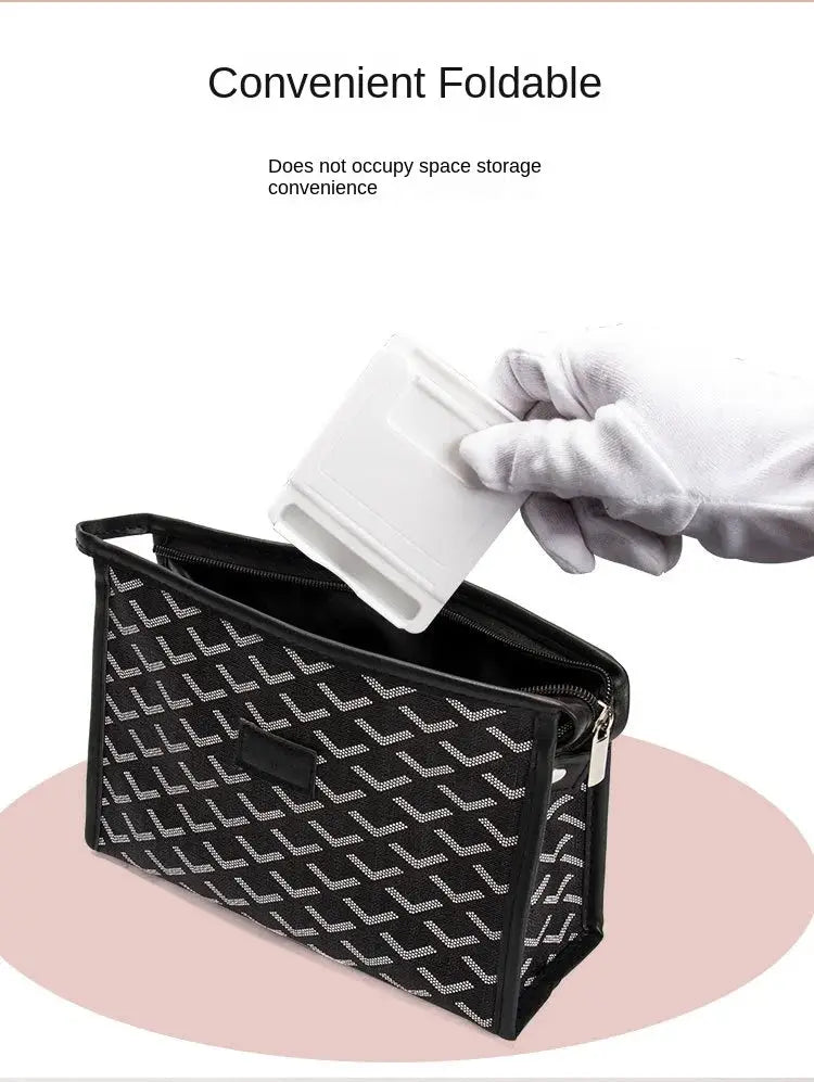 Desktop Lazy Mobile Tablet Folding Stand by Simples Market in black patterned zip case, portable and foldable.