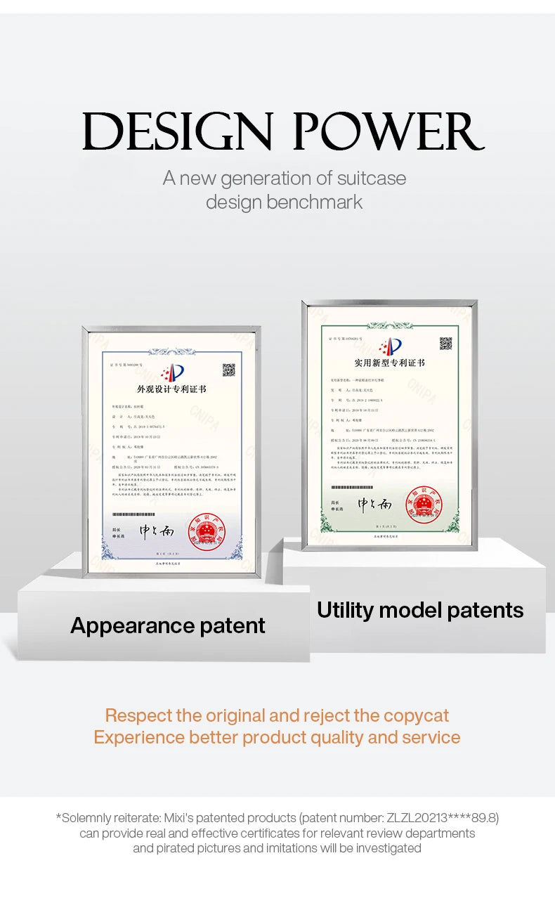 Luggage patent certificates on display; two framed patents in silver frames on white pedestals