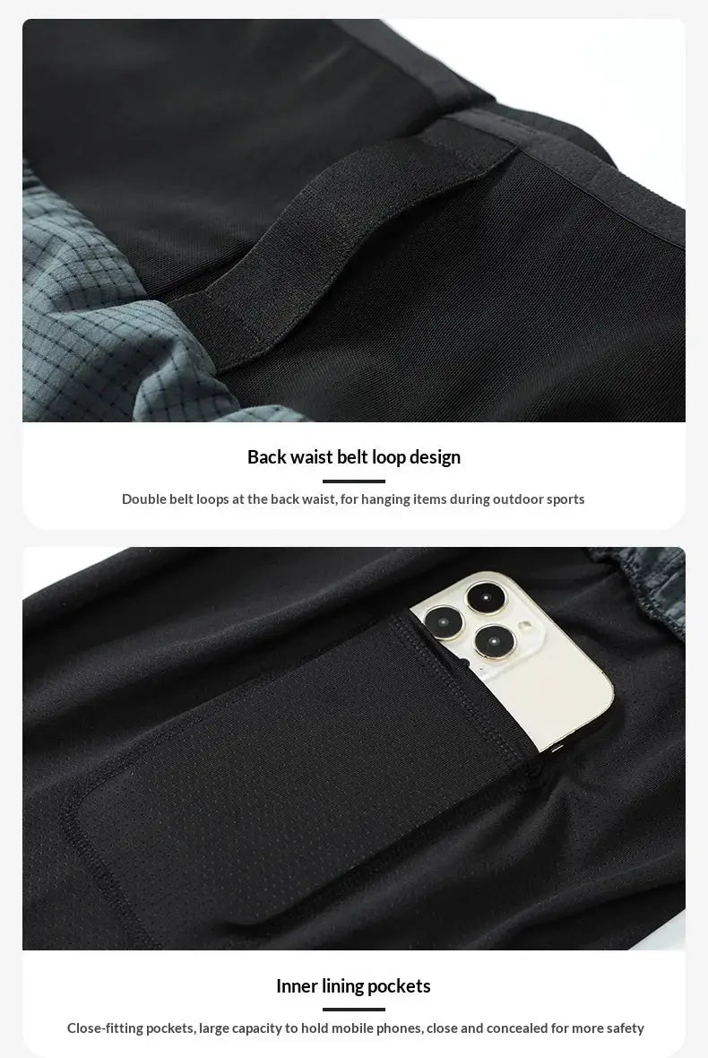Mens running shorts, black, quick-dry breathable by Simples Market; back waist belt loops and inner phone pocket
