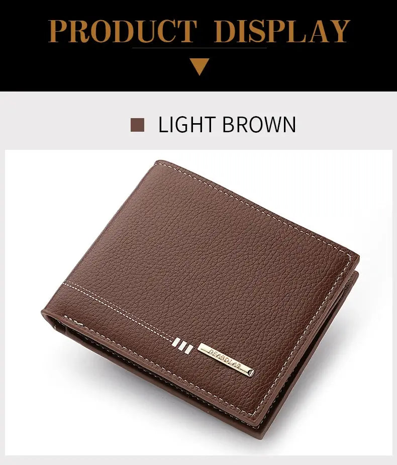 Men's brown lychee-textured leather wallet with white stitching and metal brand plaque by Simples Market