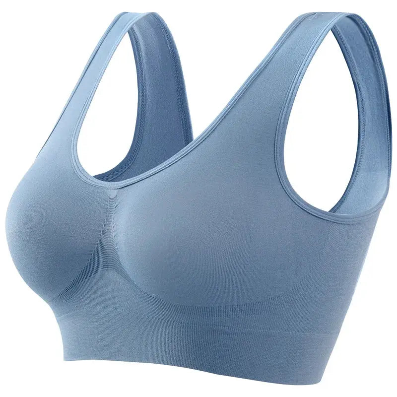 Seamless wireless sports bralette blue knit fabric with wide straps