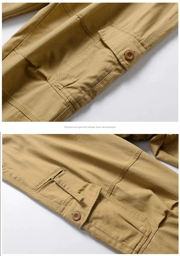 Men's tan cotton tactical cargo pants by Simples Market with elastic waist and multiple pockets