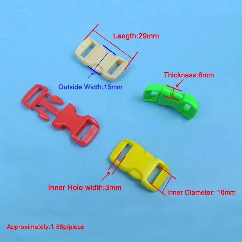 Four plastic side-release buckles for paracord bracelets, curved, red, yellow, green, beige, 3/8 inch (10mm)