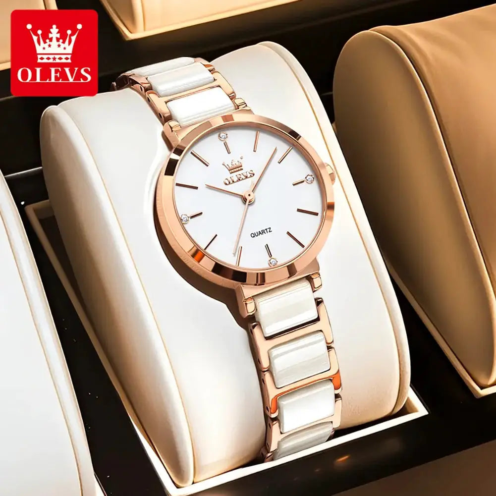 OLEVS women's wrist watch with rose-gold case, white dial and white ceramic links, Japan quartz movement, waterproof