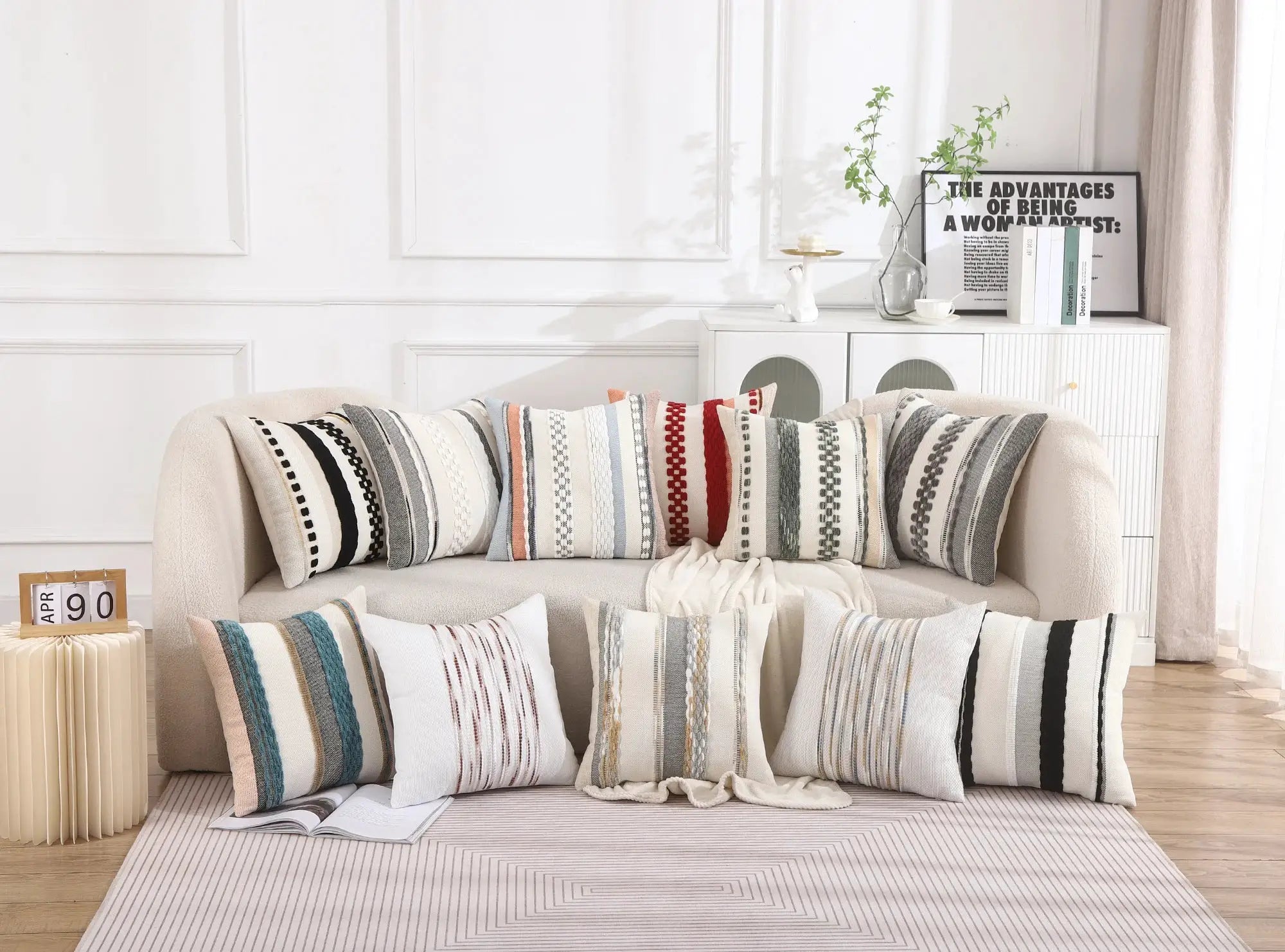 Pillow covers 18x18 in striped boho chenille by Simples Market; multiple cushions shown.