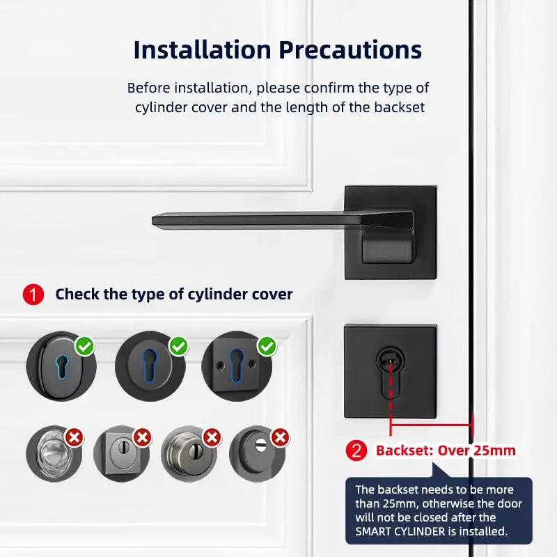 V1 Pro+ black smart door lock installation precautions; shows cylinder cover types and backset over 25mm.