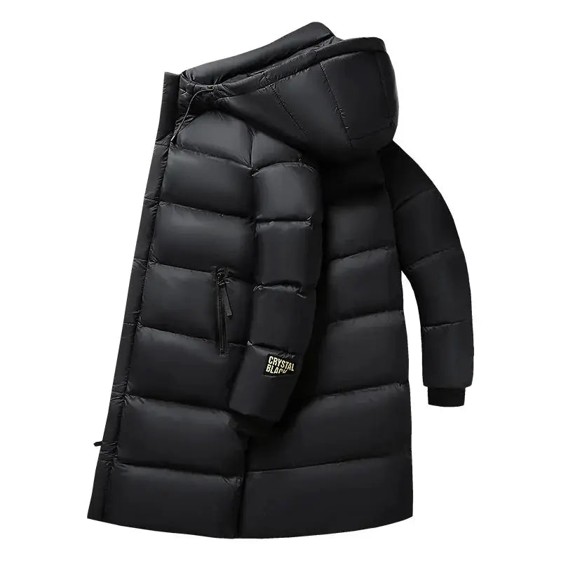 Simples Market men's black long hooded down jacket; thick waterproof puffer coat with quilted panels