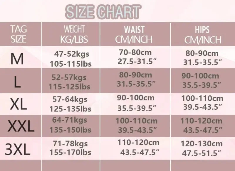 2Pcs Set: Women's ice silk tummy control panties size chart with waist and hip ranges from M to 3XL