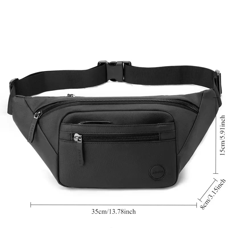 Unisex black waist bag with front and main zip pockets and adjustable strap.