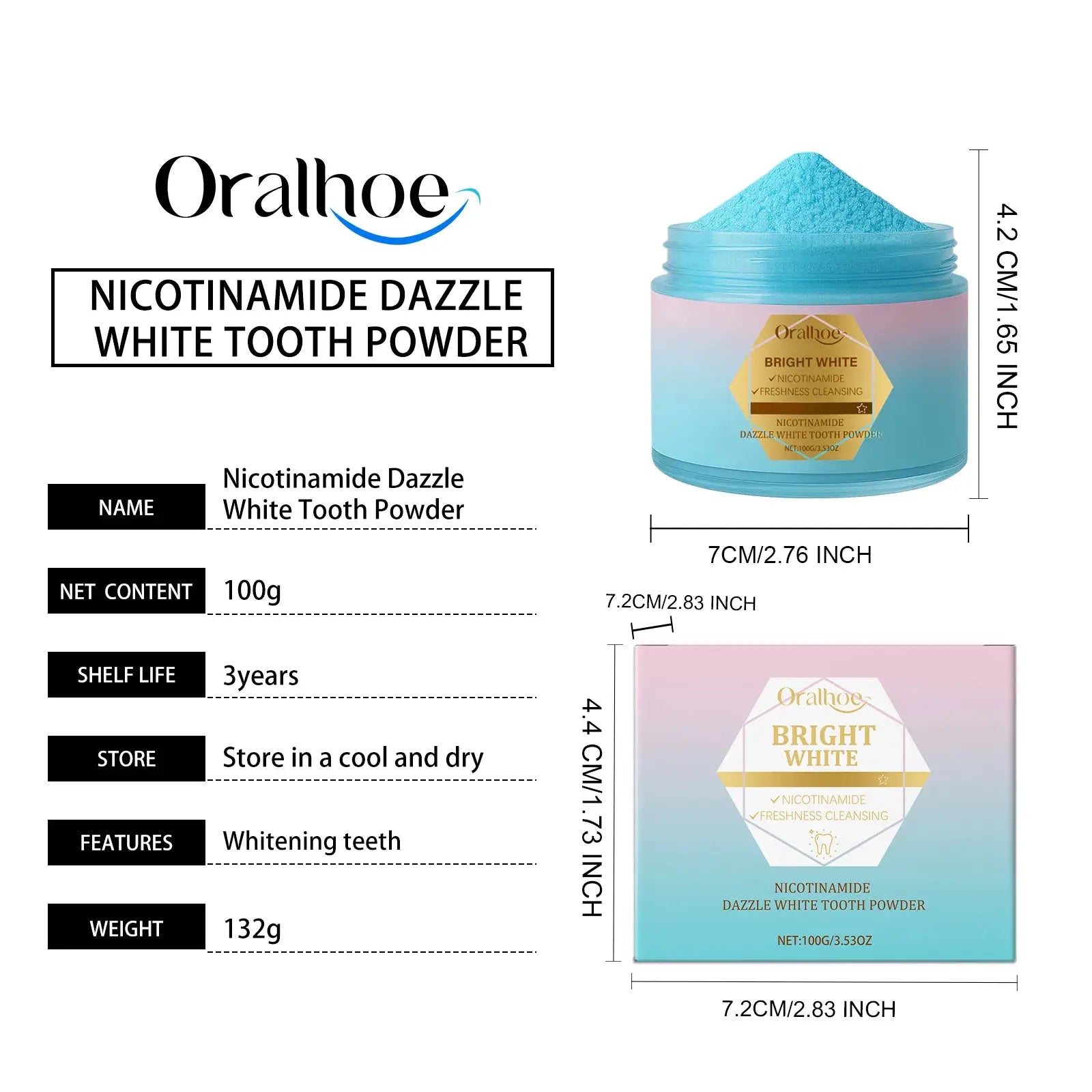 Tooth powder jar by Oralhoe with bright blue powder piled above the lid and Nicotinamide Dazzle White label