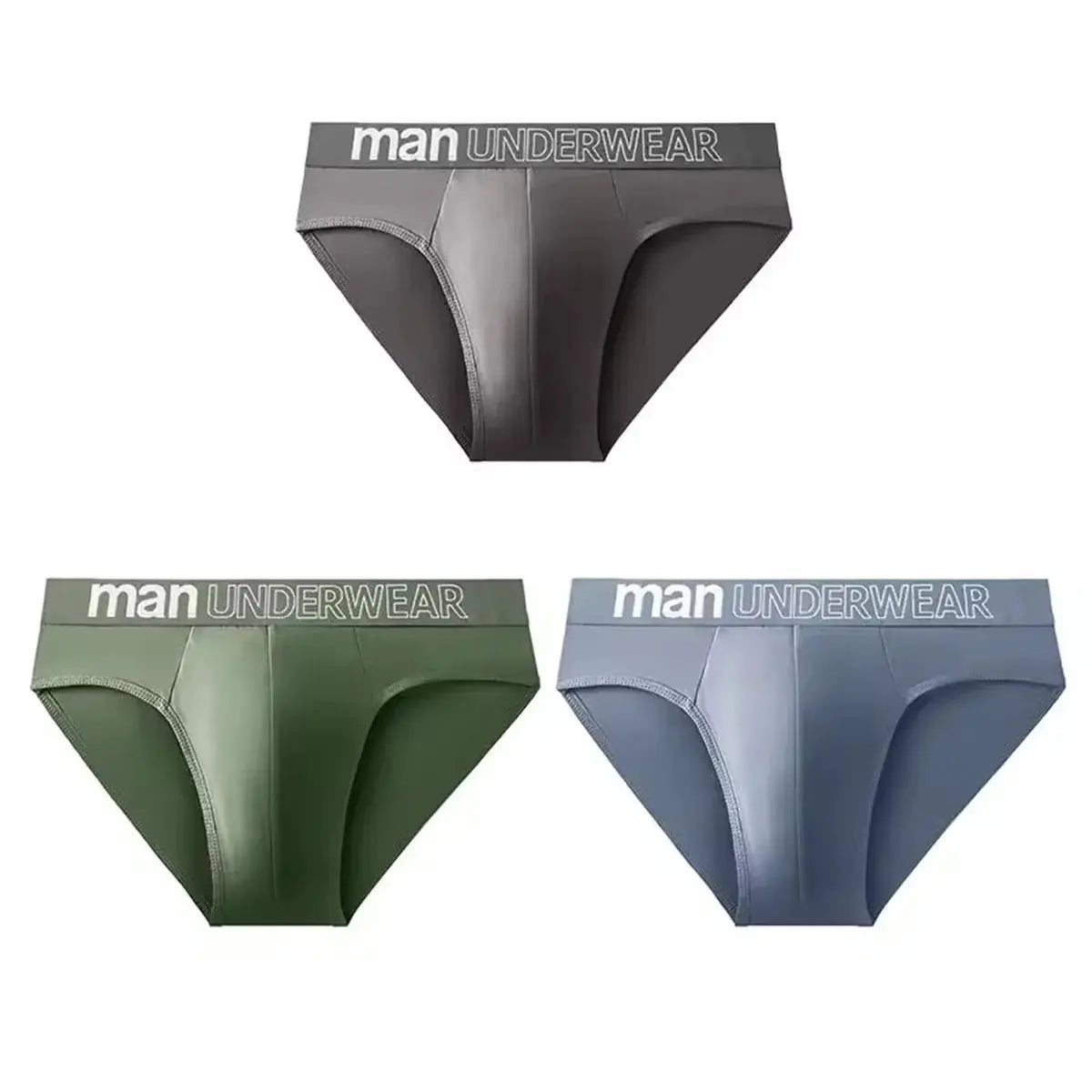 3-pack men's underwear briefs by Simples Market with man UNDERWEAR waistband in black, green, and blue.