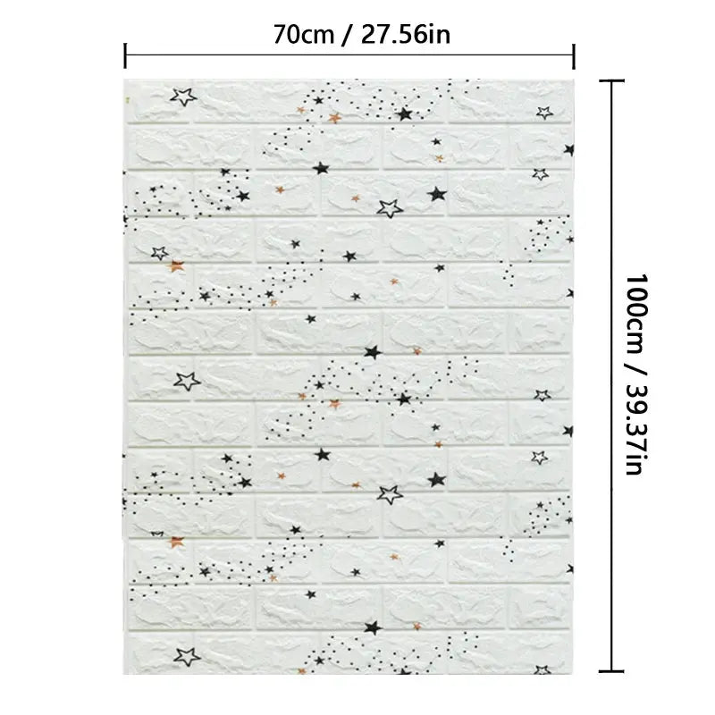 PVC wall sticker set with a white brick background and scattered black and copper stars; Simples Market, 70cm x 100cm