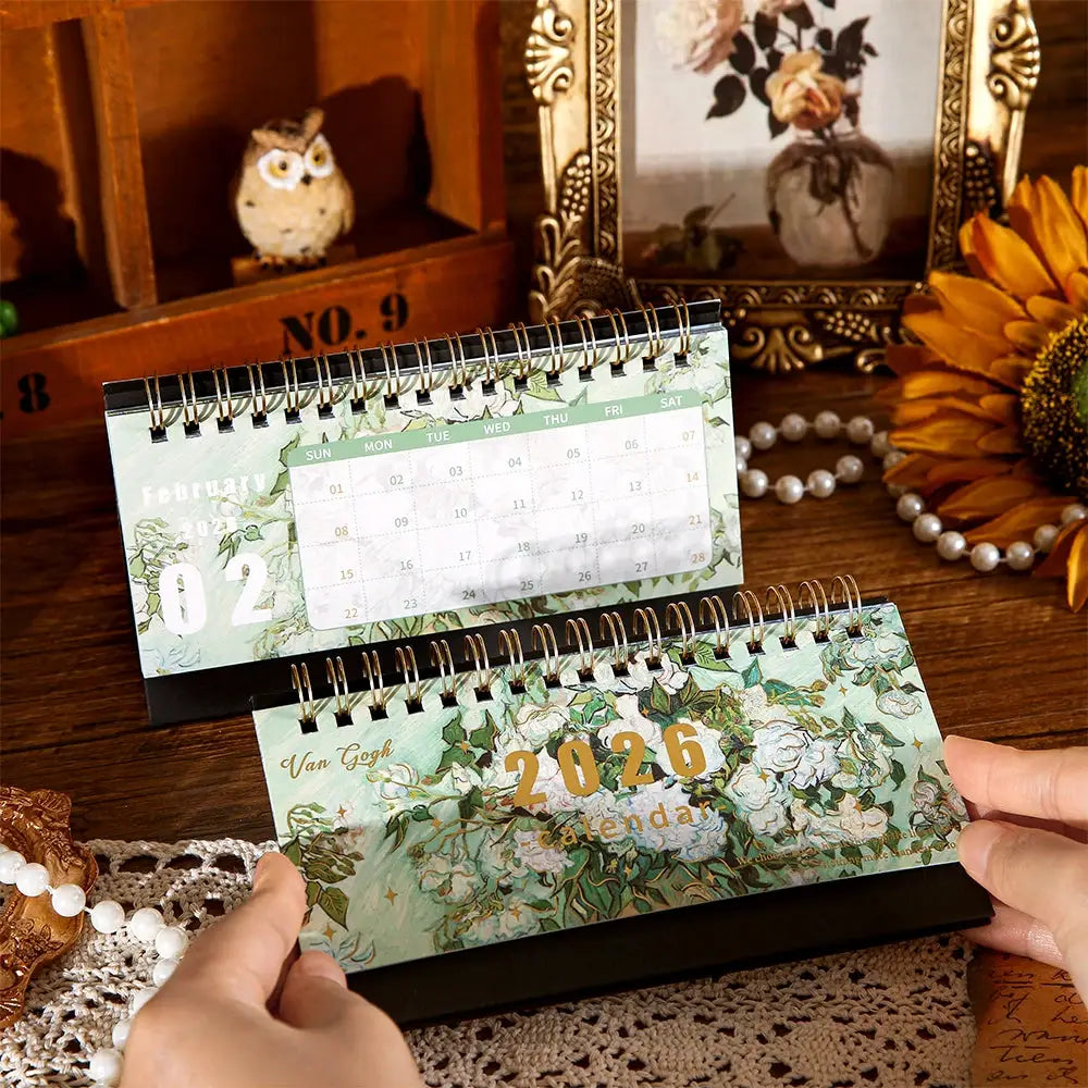 2pcs Simples Market 2026 desk calendars with vintage floral painting and memo notes