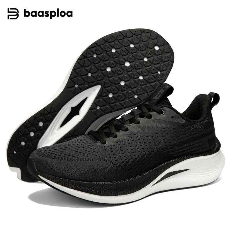 Pair of Baasploa men's black breathable mesh running shoes with white midsole and textured outsole