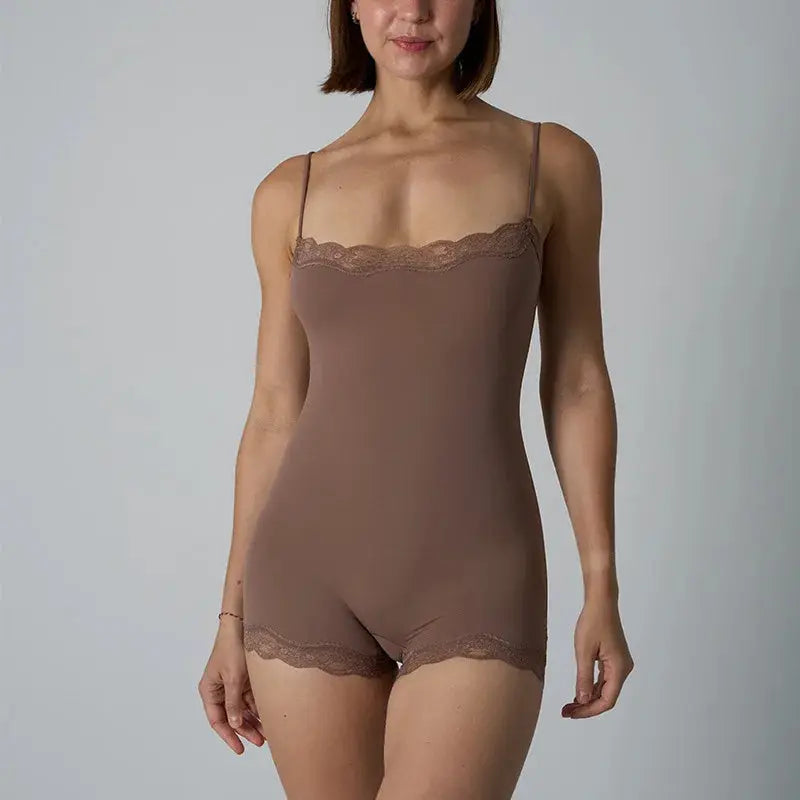 LaceLine Lace Patchwork Bodysuit Camisole With Square Neck Spaghetti Straps For Slimming Shaping And Sleek Silhouette