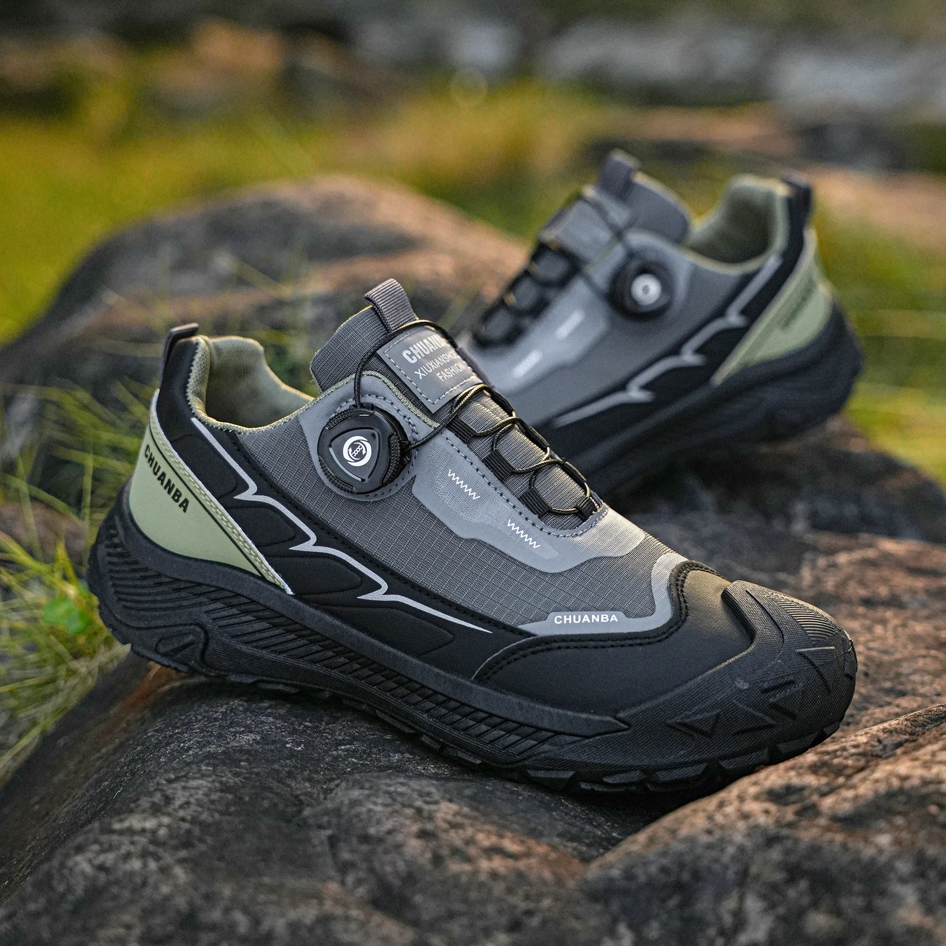 Pair of CHUANBA men's casual sneakers in gray and olive-green, low-top breathable walking shoes