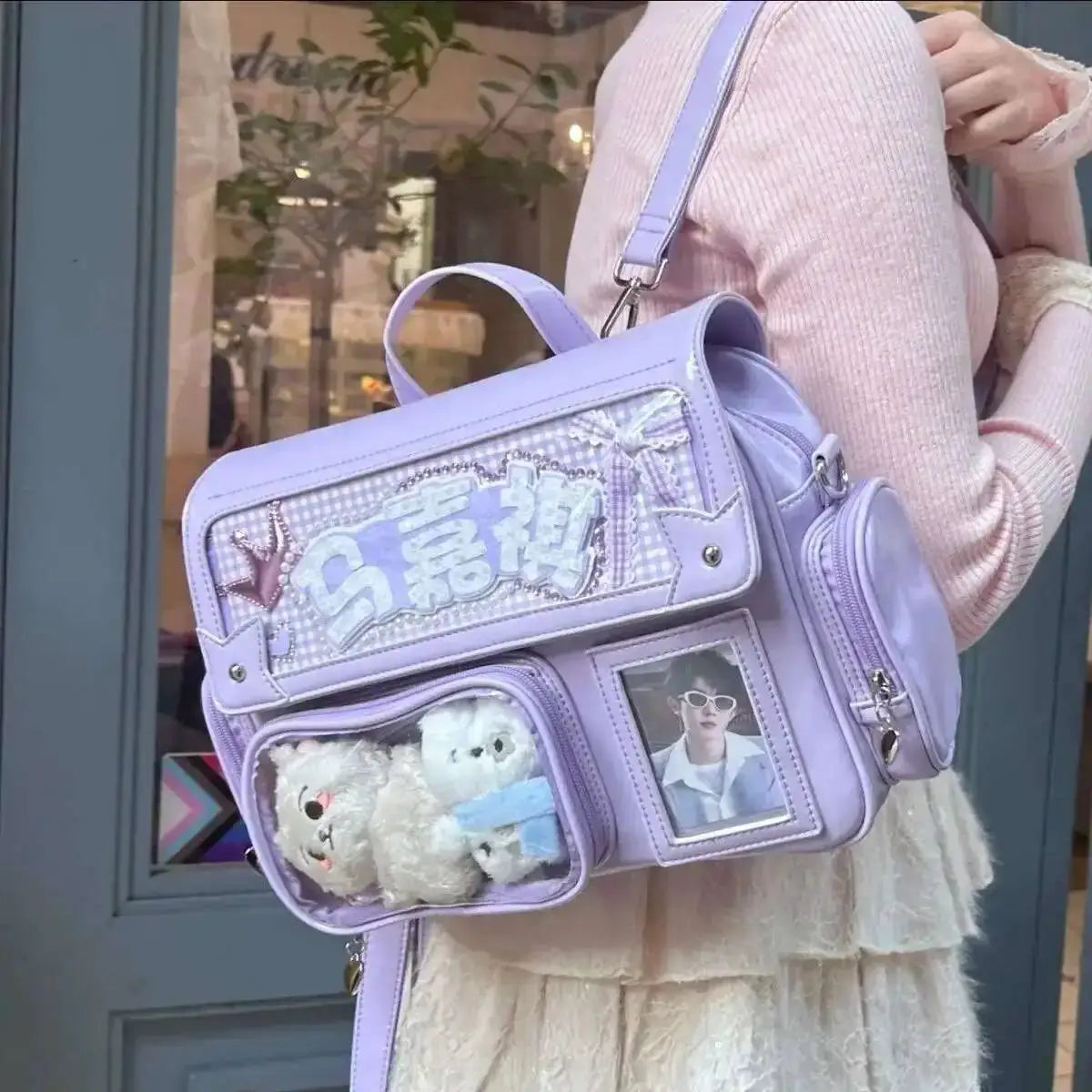 Y2K ita bag by Simples Market in lavender with transparent pocket, plush teddy, photo card window, crossbody style.