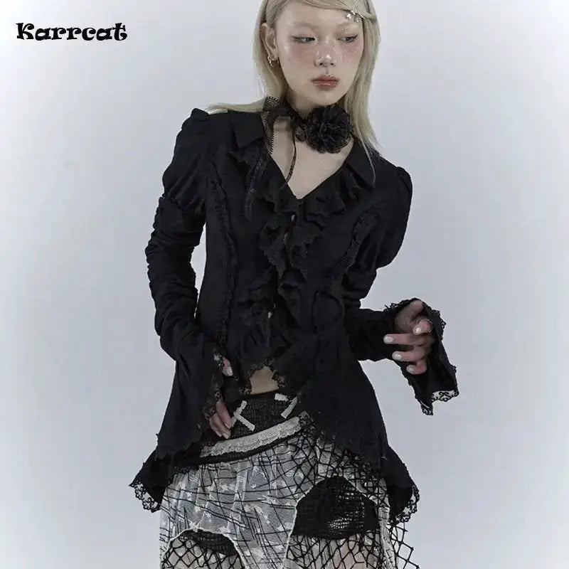 Karrcat Gothic black lace shirt with ruffle details and flare sleeves