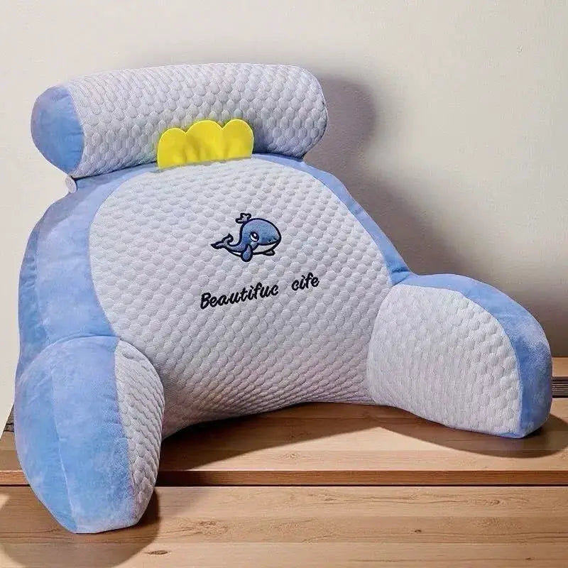 Simples Market adjustable reading pillow back support cushion in gray quilted breathable fabric with blue sides.