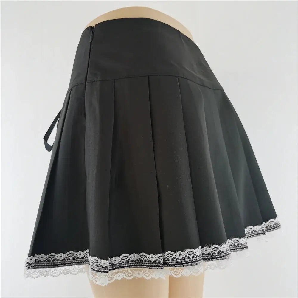 Harajuku Punk Gothic Black High-Waist Mini Skirt by Simples Market with white lace trim