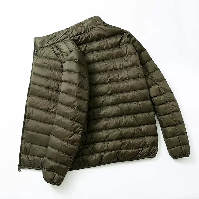 Men's olive green ultralight duck-down hooded jacket, quilted puffer coat