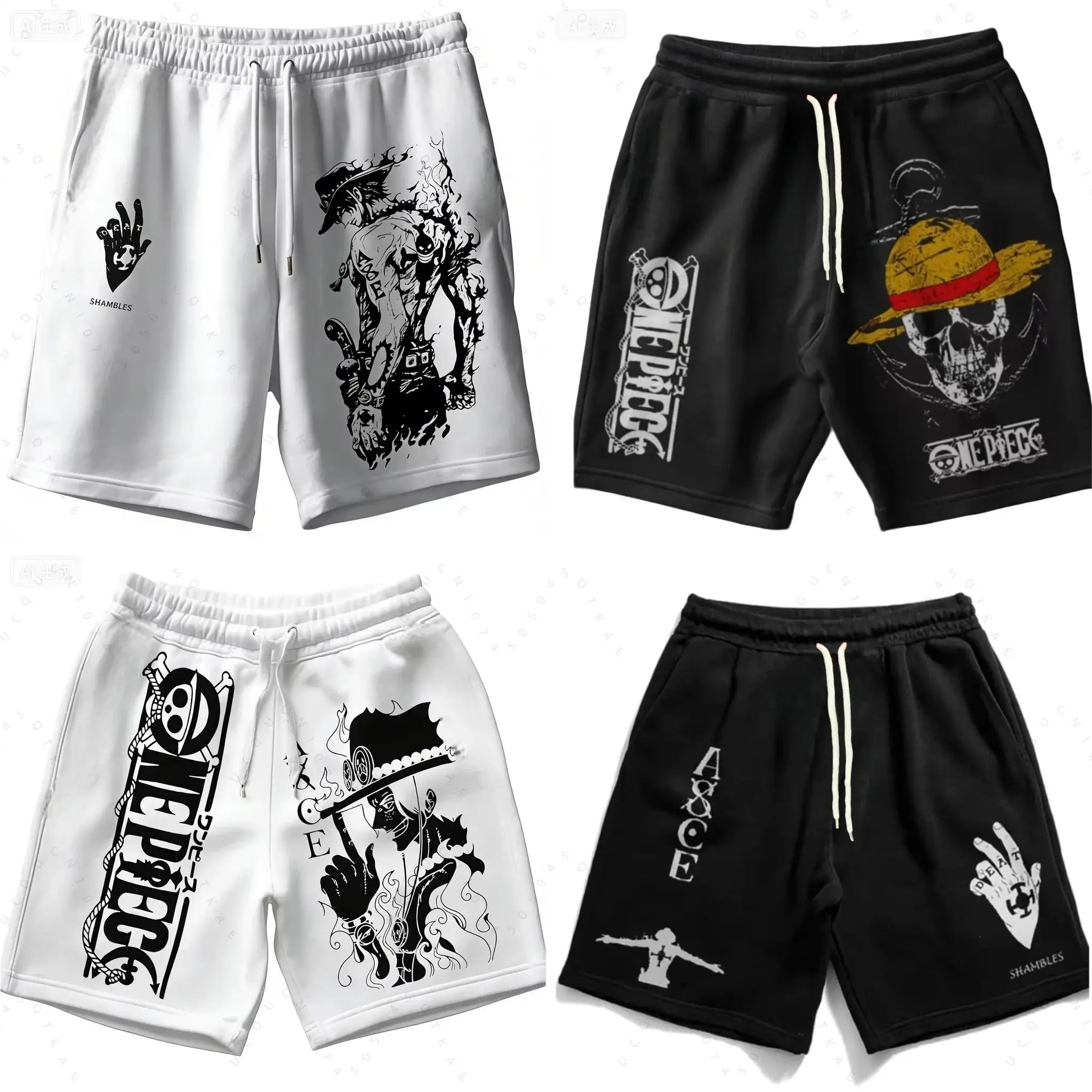 Two ONE PIECE animation printed shorts: white pair with bold artwork and black pair with skull design.