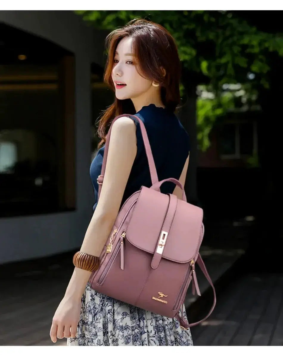 Women’s pink leather backpack by Simples Market, large capacity school and travel rucksack.