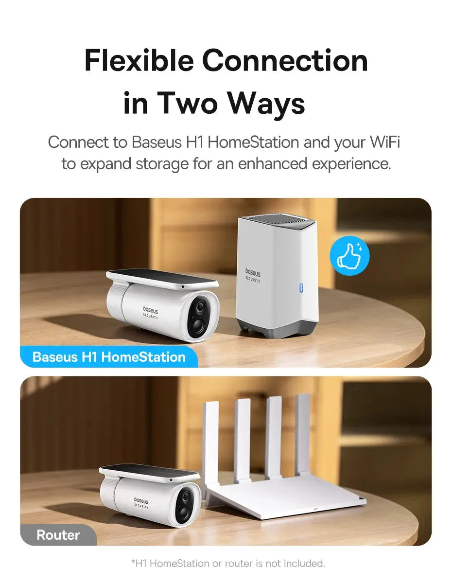 Baseus Security camera and H1 HomeStation router (2 devices) in white on a wooden table