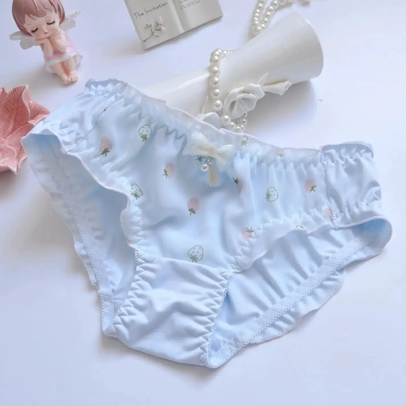 Light blue cotton ruffle panties with bow, lace trim, cute prints, breathable and stretchy