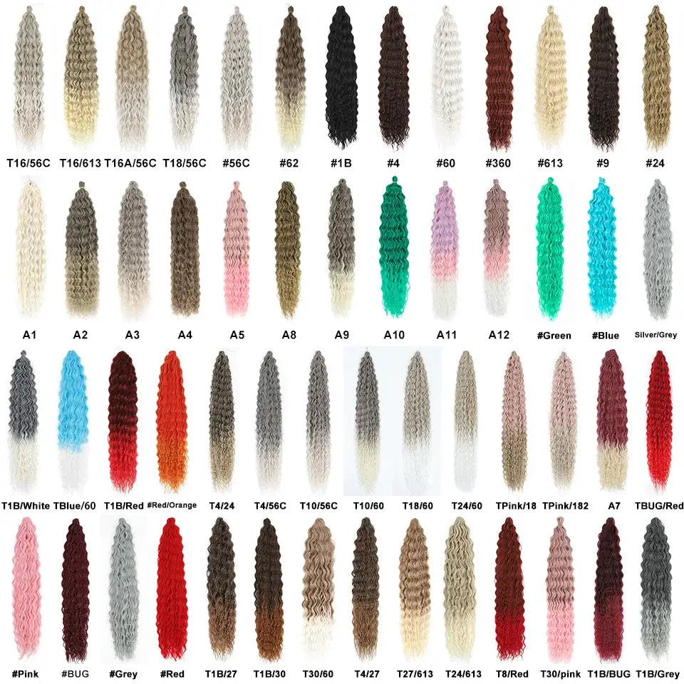 Ariel Curl 22in water-wave crochet hair extensions display by Simples Market in numerous ombre and solid colors.
