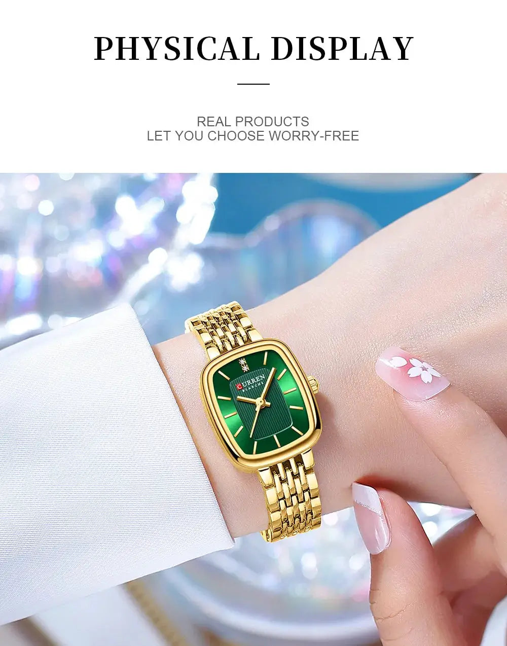 CURRN 9093 women's quartz watch with green dial and gold-tone steel bracelet