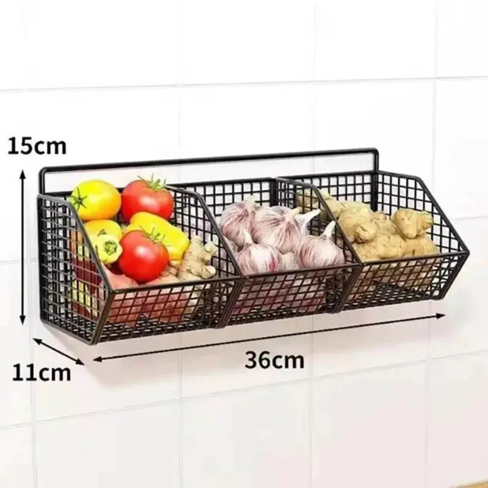 Wall-mounted metal wire storage basket by Simples Market; three compartments for garlic, onions and peppers.