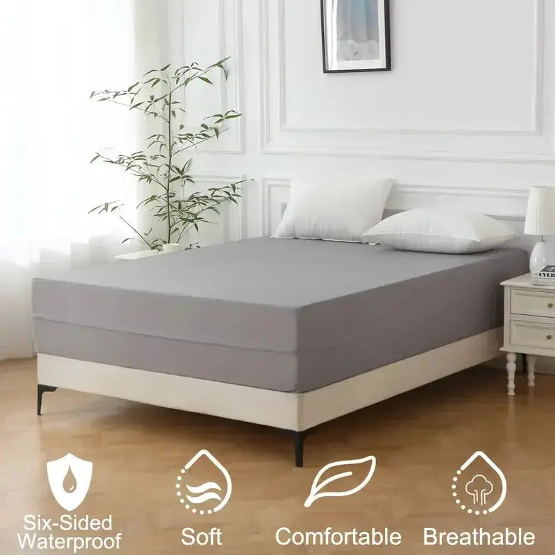 Simples Market 1pc 6-Sided Waterproof Mattress Protector in gray, soft and breathable encasement with zipper.