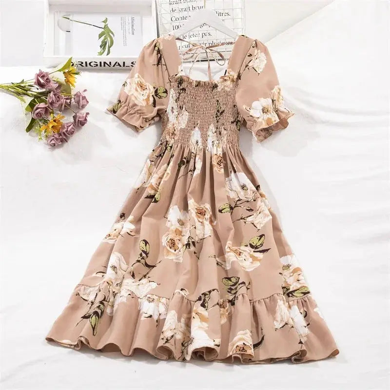 Chiffon Spring Summer A Line Dress For Women With Elastic Waist Pleated Short Sleeve Casual Flattering Fit