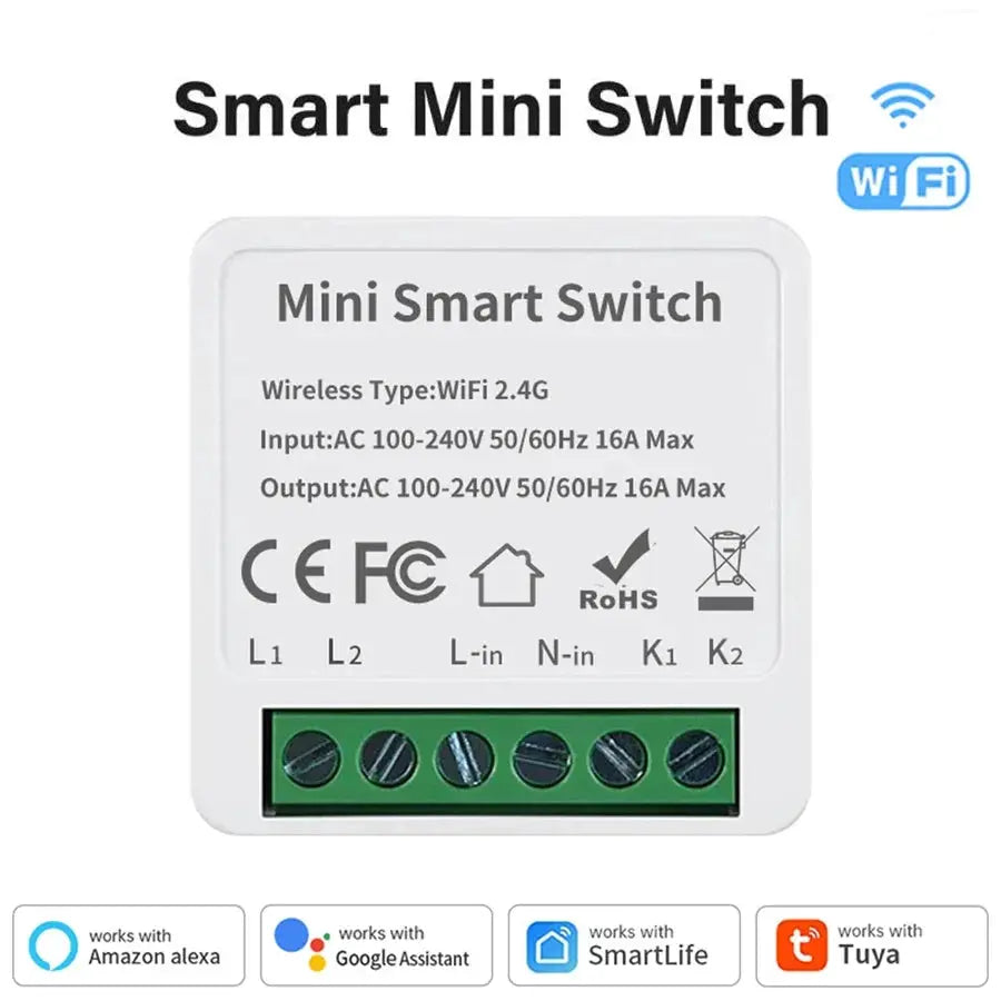 Simples Market smart mini switch, white, WiFi 2.4G, 16A/20A, 2-way control; Alexa, Google Assistant, SmartLife.
