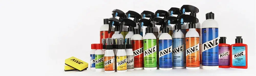 Simples Market car detailing kit; assortment of glass cleaner, polish, and coating spray bottles in colorful array