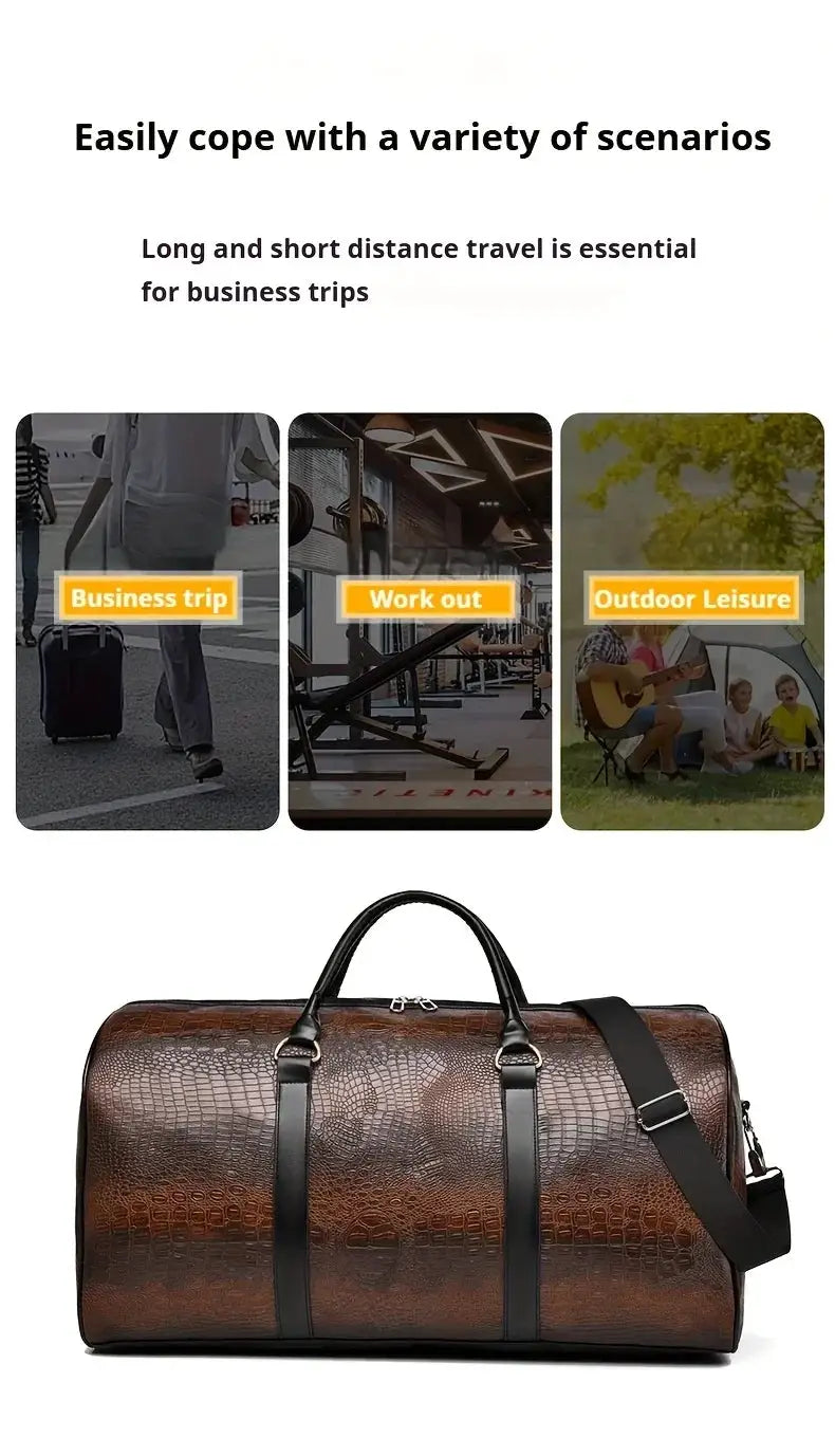 Large capacity crocodile-textured travel duffel bag by Simples Market, brown with black straps and detachable shoulder strap.