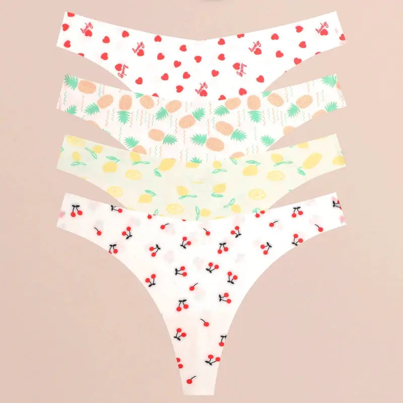 FINETOO 4Pcs seamless thong set for women, assorted prints (hearts, pineapples, lemons, cherries) Simples Market