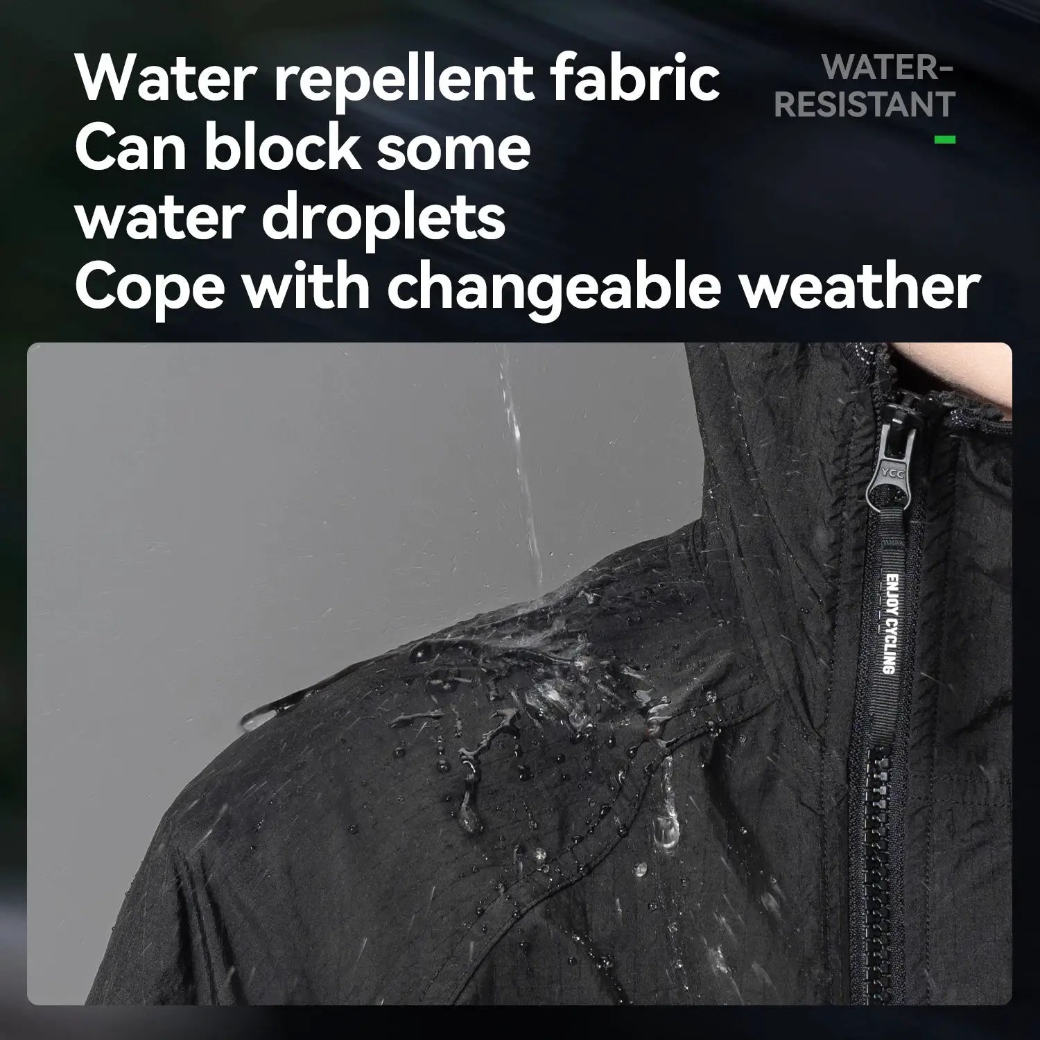 ROCKBROS cycling waterproof windbreaker jacket, black fabric with zipper and water droplets