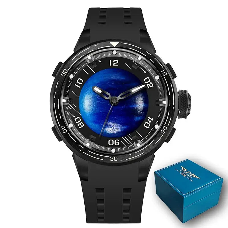 PINDU Planet Series mechanical watch for men with black silicone strap, blue planet dial, luminous hands; includes box