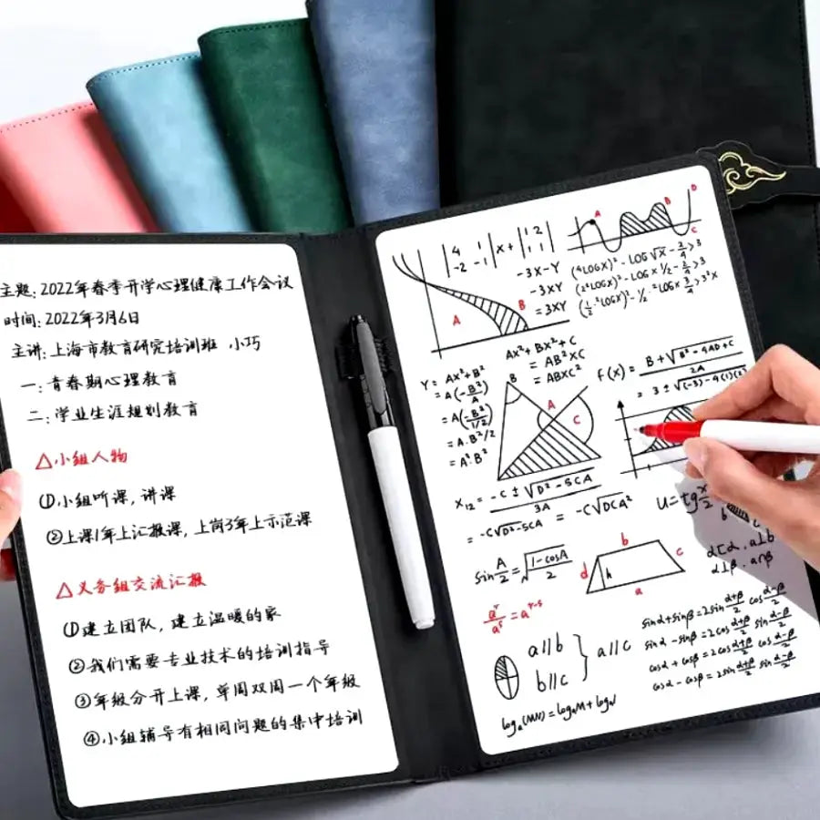 A5 portable reusable whiteboard notebook set by Simples Market; black leather cover, pen attached, six color covers.