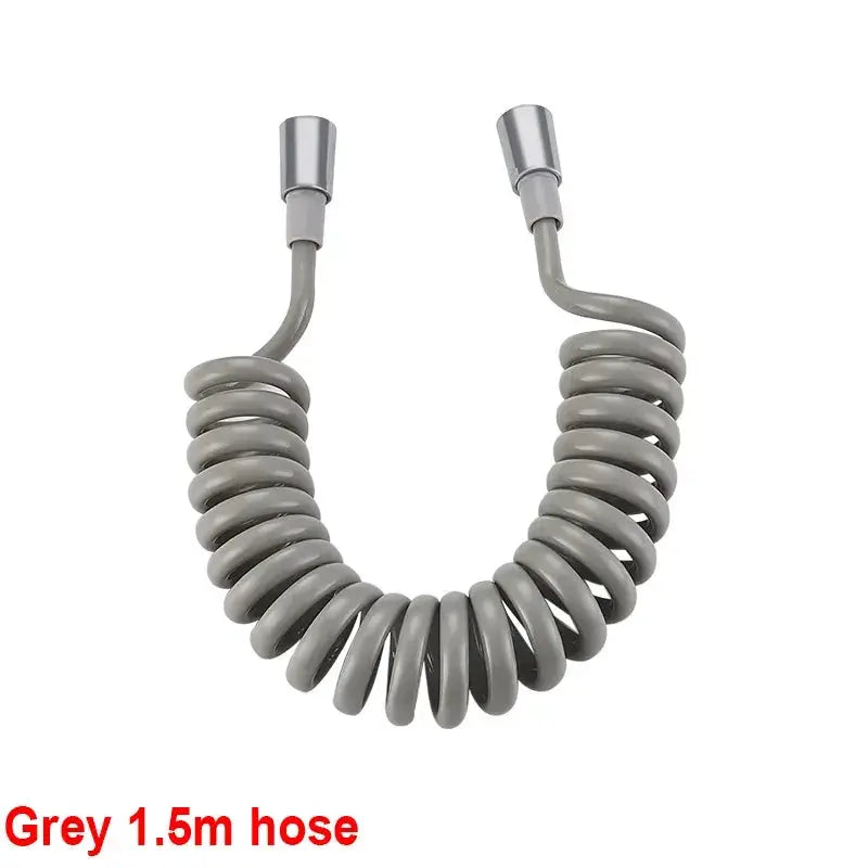 Grey 1.5m coiled handheld sink hose with metal fittings for spray gun