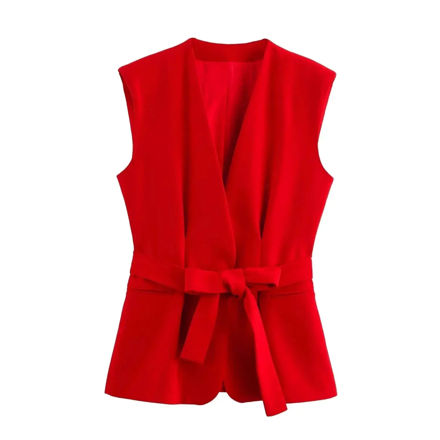 KONDALA red sleeveless blazer vest with waist belt, part of Simples Market suit set