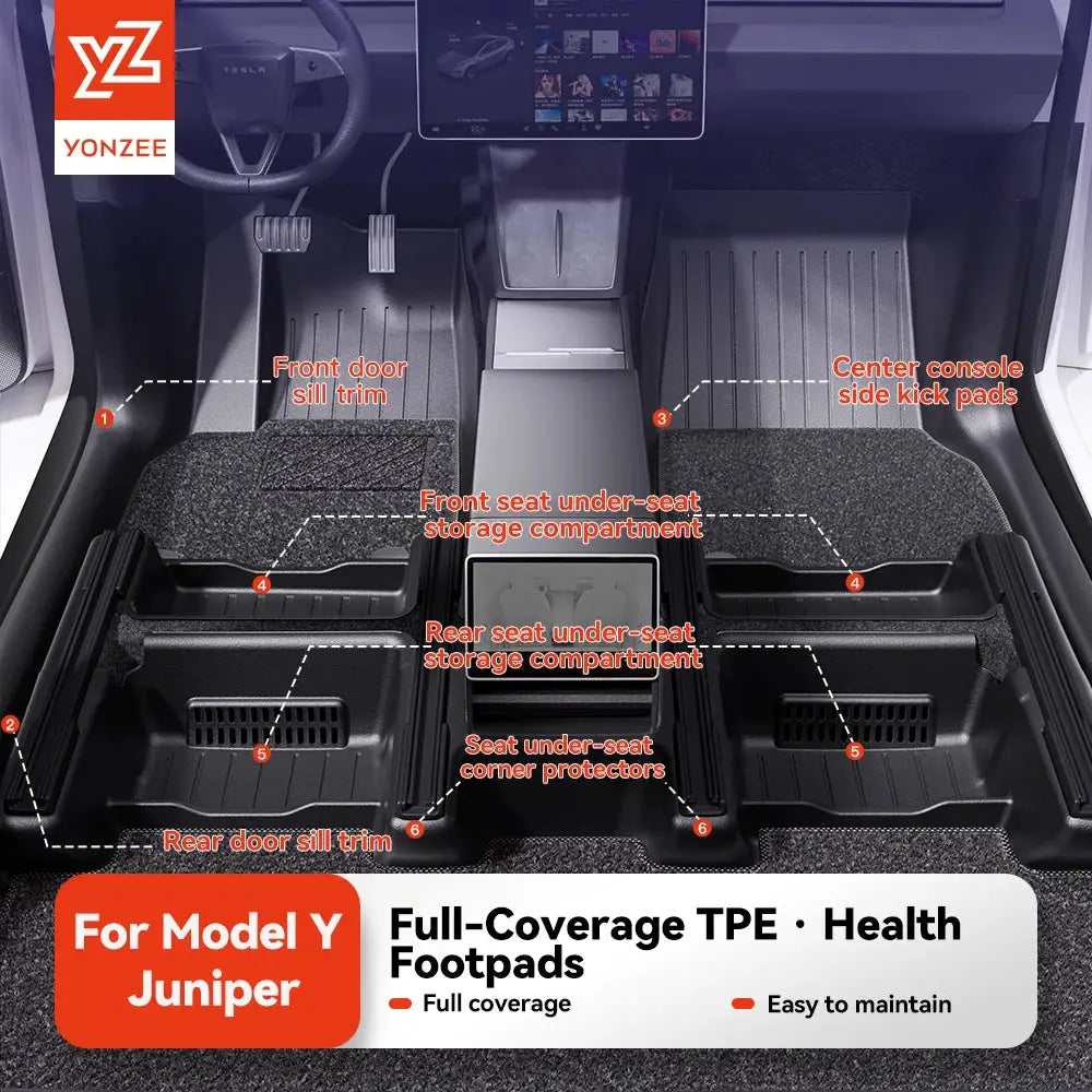 Model Y Juniper full-coverage TPE floor mats by YONZEE in black, waterproof anti-slip 360° set
